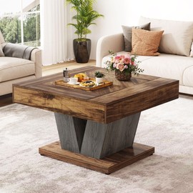 Tribesigns Square Coffee Table, Wood Coffee Table for Living Room, 31.5" Modern Center Table Cocktail Tea Table Accent Table, Rustic Brown & Black