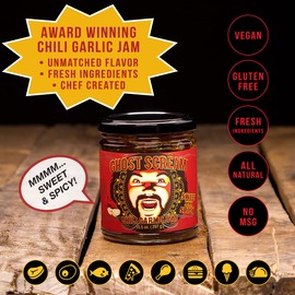 Ghost Scream Hot Sauce - “Chili Garlic Jam” (Sweet, Spicy & Smoky) - This Award Winning Recipe (from a World Renowned Chef) Combines Fresh Ghost Chili Peppers, Fiery Red Jalapenos & Garlic. (10.5 Oz.)