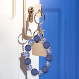 M-Plateau Wristlet Keychain, Silicone Beaded Wrist keychain with Key Ring for Women, Elastic Keychain Bracelet (Navy Silver)