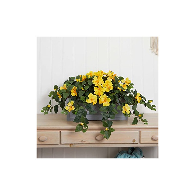 Nearly Natural Hibiscus Artificial Plant in Stone Planter