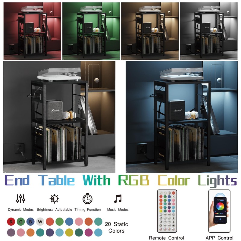 YAKANJ End Table with LED Light,Record Player Stand with Charging