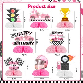 Pink Racing Car Birthday Party Decorations for Girls - 8PCS Race Car Honeycomb Centerpieces, Vintage Retro Let's Go Racing, Race on Over Welcome Race Fans Birthday Party Decorations