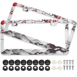 Watercolor Cherry Blossom License Plate Frames, 2 Pack Japanese Sakura Car Plate Frame, Stainless Steel License Plate Holders Covers with Free Screws Fasteners Caps (Cherry Blossoms)