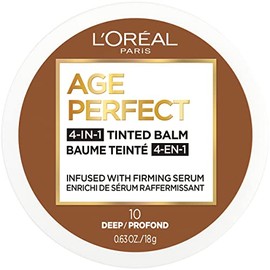 L'Oreal Paris Age Perfect Base de bálsamo facial teñido 4 en 1, fórmula de cobertura ligera a media antienvejecimiento con suero reafirmante, Deep 10,