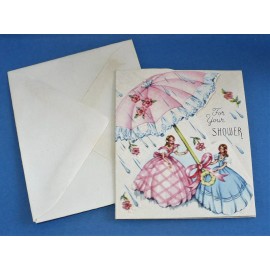VTG 1950'S MINI "FOR YOUR SHOWER" WEDDING CARD UNUSED PRETTY GIRL DRESSES W/ENV