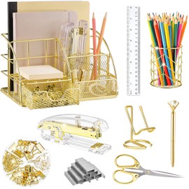 KAAKOW Gold Desk Organizers and Accessories Office Supplies Set Stapler, Pen Holder, Phone Holder, Scissors, Pen, Ruler, 30 Paper Clips, 22 Binder Clip, 20 Tacks and 1000pcs Staples (Gold)