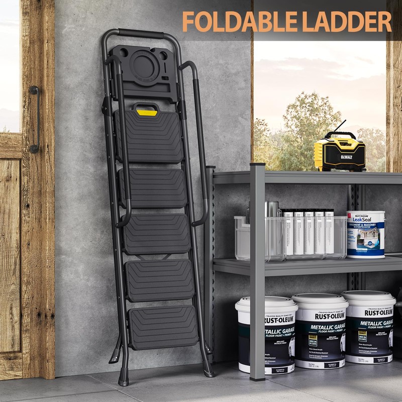 TOOLF Step Ladder, Sturdy Steel Step Stool with Anti-Slip Wide