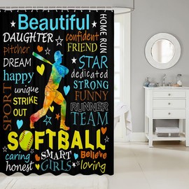 Softball Player Kids Shower Curtains,Ball Sports Games Modern Fashion Bathroom Curtains for Boys Girls Adults,Stars Love Heart Graffiti Colorful Waterproof Curtains,12 Hooks Suits,72" W x 84" L