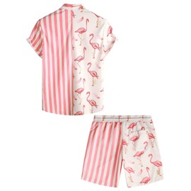 VATPAVE Men's Flamingo Hawaii 2-Piece Sets Short Sleeve Casual Shirts Beach Outfits, Pink Flamingo