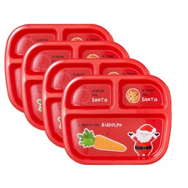 Christmas Xmas Feeding Set for 3+ Years, Festive Lunch Dinner Christmas Santa Reindeer Themed Dinnerware Lunch Food Set for Kids Children Tiny to Tots (4 Pack Divided Plate, One Size)