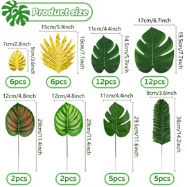 QUOZUO Jungle Party Decorations, 50 Pieces 8 Kinds Palm Leaves Artificial Tropical Monstera, Jungle Leaf with Stem for Jungle Hawaiian Luau Party Table Decoration Wedding Birthday, Green and Gold