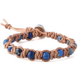 Kelitch Turquoise Beads Wrap Bracelet Natural Leather Adjustable Bracelets Crystal Beads Link Bracelets, No metal type, darkblue