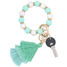 Donouzair Cute Keychain Wristlet,Silicone Beaded Key Ring Bracelet Keychain Car Holder Key Chains for Women with Gift Box(Green)