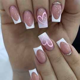 Glossy White Gradient Medium Square Fake Nails Valentines Press on Nail 24 Pcs Pink Love Heart Stick on Nails Rhinestones Acrylic False Nails Romantic Valentines Gel Glue on Nails for Women Girls