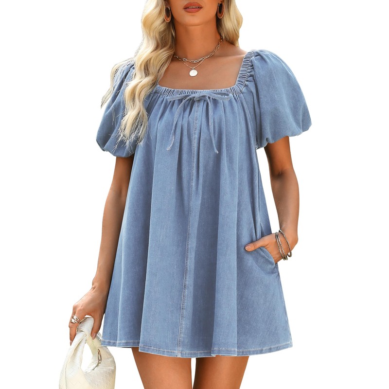 Denim Dress for Women, Puff Short Sleeve Jean Dress Square