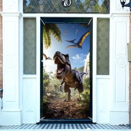 arricraft 1 Pc Dinosaur Theme Polyester Door Cover, Dinosaur Charging Out of Forest Backdrop Banner Door Porch Sign Photography Background for Indoor Outdoor Porch Home Decor Accessories