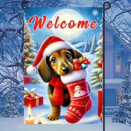 Merry Christmas Garden Flag 12x18 Double Sided Cute Dachshund Dog Winter Garden Flag Holding Gift Stocking Christmas Yard Flags for Winter Christmas Seasonal Banner
