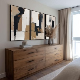 SAFERRYHOME Neutral Abstract Black and Tan Brown Wall Art Framed Canvas Prints, Mid-Century Minimalist Modern Decor Large Artwork for Living Room, Home Office, Dining Room - 3 Panels 24x36 Inch