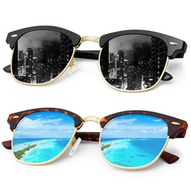 FURISHQI 2 PACK Classic Polarized Sunglasses for Men and Women Retro Style Semi Rimless Frame Sun Glasses 100% UV Protection Goggles