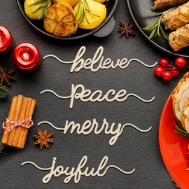 Christmas Cutouts Wood Table Place Card Believe Merry Peace Joyful Wood Word Holiday Place Settings for Christmas Thanksgiving Plate Decor Table Decorations (Wood, 8)