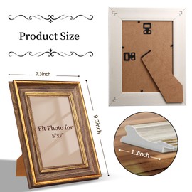 RIVERVALLA 5x7 Vintage Picture Frame Retro Antique Wood Texture Gold Picture Frames 5 by 7 Photo Frame with HD Glass Wall Hang Desktop Display Christmas Birthday Gifts for Women Mom Grandma
