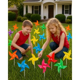 100 Pcs Rainbow Pinwheels - 7 Mixed Colors Plastic Pinwheel Craft for Garden, Lawn, Party Decor | DIY Pinwheels Bulk, Indoor Outdoor Decoration