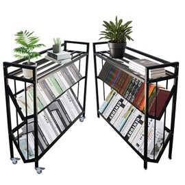 MYUTHDT Mobile Book Cart, Rolling Library Cart with Shelves (Black, V-Shaped)