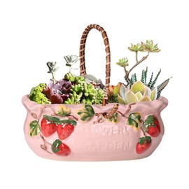 Sizikato Stoneware Porcelain Flowerpot with Handle, 7.3-Inch Succulent Planter, Red Strawberry Embossed