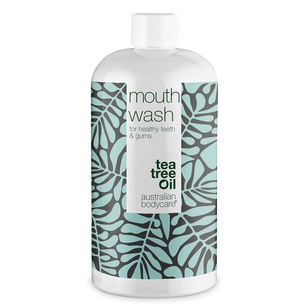 Mouthwash with antibacterial tea tree oil, 500 ml, nourishes and relieves irritated and bleeding gums, for healthy oral hygiene without bad breath, 100% vegan and dermatologically tested