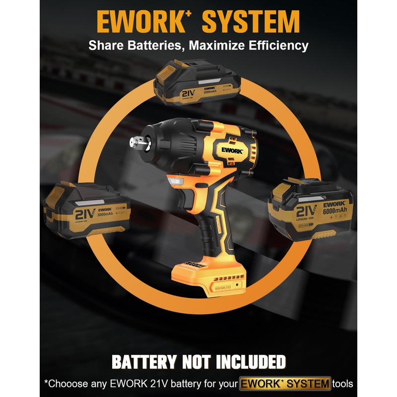 EWORK 21V 1/2" Cordless Impact Wrench 775 Ft-lbs, Brushless Compact