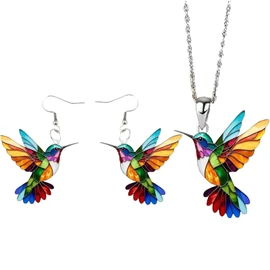 Hummingbird Necklace and Earring Set for Women, Colorful 2D Acrylic Earrings Lightweight Colibri Dangle Earrings and Pendant Necklace Unique Bird Lover Gift Jewelry (Set1)