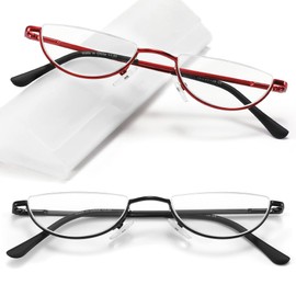 TOVEEN 2 Pack Half Lens Reading Glasses Blue Light Blocking, Half Moon Frame Semi Rim Spring Hinge Readers with Case for Men Women Black/Red +2.5