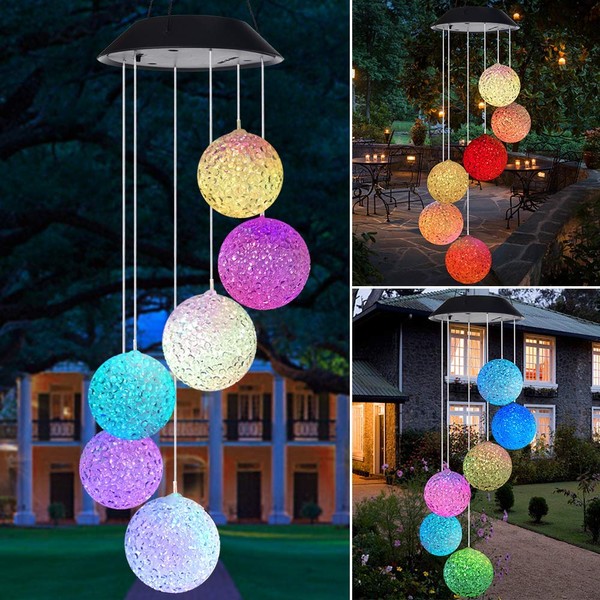 Tvoip Color Changing LED Solar Power Lamp Crystal Ball Wind Chimes Garden Decoration Yard Waterproof LED Light Lighting Hanging Decor (Crystal Ball)