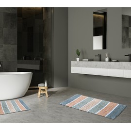 Chardin home Cordural Stripes Bath Mat, Set of 2 Bath Rugs (21 Inches x34 Inches & 24 Inches x40 Inches) | Non Slip bathroom rug, Machine washable, Plush, Highly Absorbent | Grey & Blush