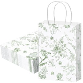 Gueevin 24 Pcs Floral Gift Bags Bulk Sage Green Paper Bags with Handles Sage Green Goodie Bags Decorative Packaging Bags Candy Goodie Treat Bags for Wedding Birthday Party Supply, 5.9 x 8.3 x 3.1 Inch