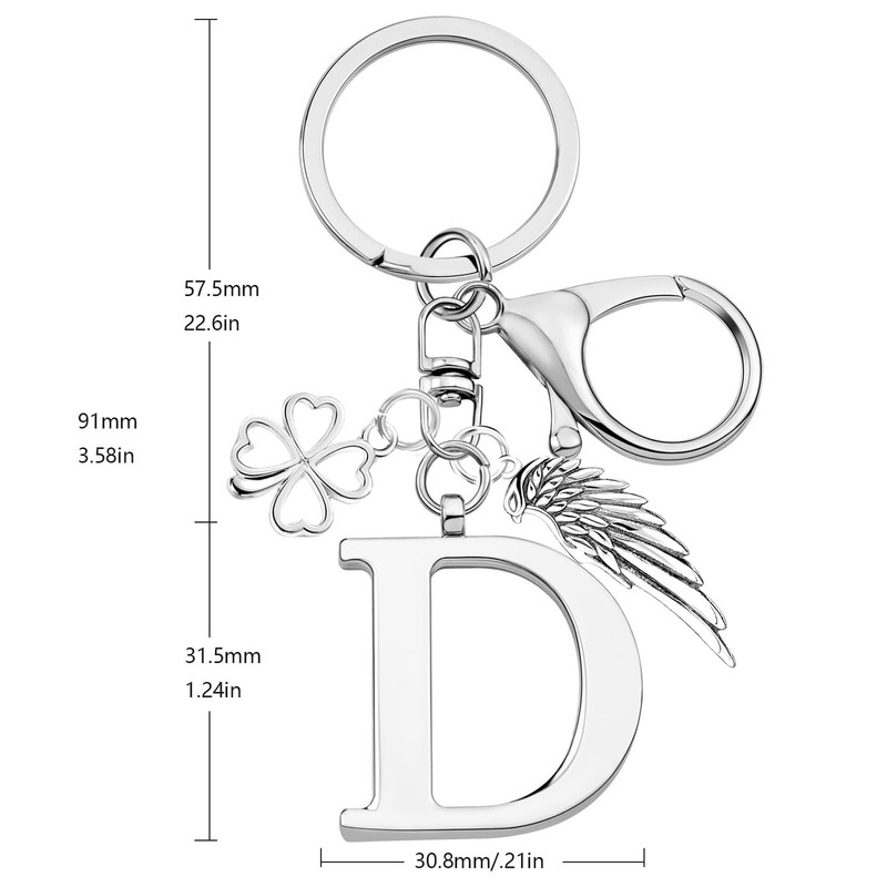 YasJess Keyring Letter with Four Leaf Clover and Wings Name