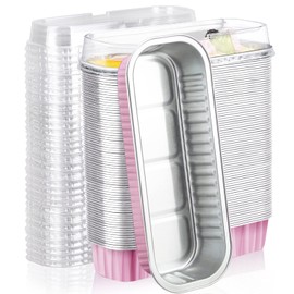 EUSOAR Dessert Cups with Lids, 100pcs 6.8oz 6.5"x2.5"x1.2" Pink Aluminum Foil Baking Cups Mini Loaf Pan Tin, Disposable Ramekins Containers Cheesecake Creme Brulee for Party Shower Wedding Gathering