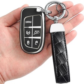 Yonmcfn for Jeep Key fob Cover with Leather Keychain,Soft TPU 5 Buttons Key Shell,fit 2014-2023 Grand Cherokee Renegade for Chrysler Durango Journey Remote car Key(Black)