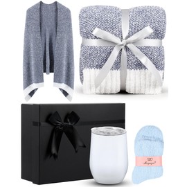 Chuarry Women Blanket Christmas Gifts Set Include 1 Soft Wrap Knit Blanket 12 oz Tumbler 1 Pair Sock with Gift Box (Feather Yarn, Blue,Light Blue)