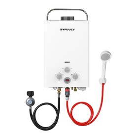 Syfuulv Portable Tankless Propane Gas Water Heater, 1.58 GPM Outdoor Instant Hot Water Heater, 41,000 BTU, LED Digital Display, Overheating Protection, Camping, RV, Cabin, Barn, White 6L