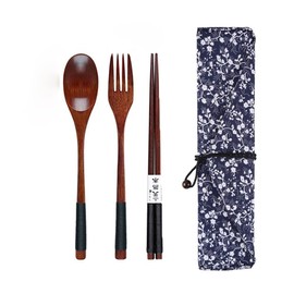 3PCS Wooden Flatware Wooden Spoon and Fork Chopsticks Reusable Tableware Set, Chinese Chopsticks Tableware Wooden Cutlery Sets With Cloth Bag for Office Camping Traveling, Travel Gift