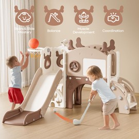 Mloong Toddler Slide for Kids - 11 in 1 Kids Slide for Toddlers Baby 1-3 Years Old, Indoor and Outdoor with Basketball Hoop Golf Drawing Set, Easy Assembly Elk Theme(Beige & Rosy Brown)(54×62×39in)