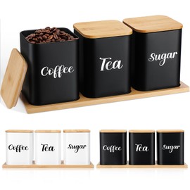 Tioncy Coffee Tea Sugar Container with Tray Set of 3 Airtight Metal Canister with Bamboo Lid Tray for Kitchen Counter Dining Room Farm House Kitchen Style Drink Station Organizer Set(Black)