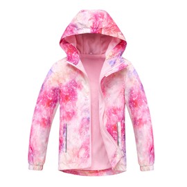 LUCKYLUAN Girls Rain Jacket Windproof Raincoat Hooded Fleece Lined Outerwear 7-8 Years Pink Galaxy