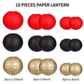 zilue - Faroles de papel decorativos, redondos para colgar, decoraciones para bodas, graduaciones, aniversarios, fiestas de cumpleaños, suministros de color negro/dorado/rojo, 15 unidades