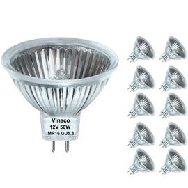 Vinaco MR16 Halogen Bulb 50W 12V, 10 Pack MR16 Bulb Dimmable, Long Lasting MR16 12V 50W Halogen, 2800K Warm White 50 W 12v Bulb with GU5.3 Base, for Landscape, Track Lights, and Fiber Optics