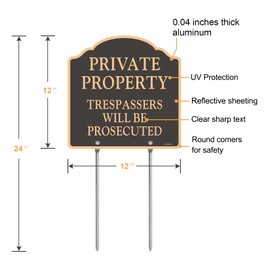 Doninex (2 Pack) Large Private Property Signs, Trespassers Will Be Prosecuted Sign, Aluminum, Metal Stakes Included, Weatherproof Up to 7 Years Outdoor for Home, 12x12 Inches