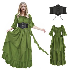 WYZJL Renaissance Dress Women Gothic Witch Dress Medieval Ruffle Victorian High Low Dress Costume Accessories Set with Corset Belt, Green 2XL/3XL