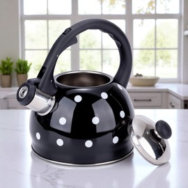 EliteHoff Stainless Steel Induction Kettle Small Tea Kettle for All Hobs, Modern Whistling Kettle, Tea Kettle, Coffee, 2 Litres (Black with White Dots)