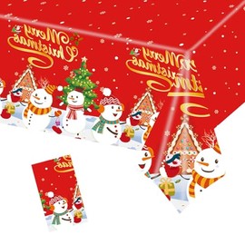 MORAINJAY Christmas Tablecloth,137x274cm Large Xmas Snowman Tree Red Table Cloth,Rectangle Waterproof Plastic Party Table Cover for Christmas Party Dinner,Winter Holiday,Christmas Table Decorations